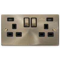 Antique Brass 2 Gang 13A DP Ingot 2 USB Twin Double Switched Plug Socket - Antique Brass