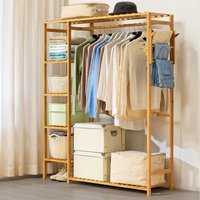 Open Coat Rack with Four-Tier Side Shelf Hanging Rod and Hooks - Wood Color / 121cm