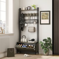 HOMCOM 5-In-1 Coat Rack with Shoe Storage Bench 10 Hooks - Grey
