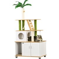 PawHut Hidden Litter Box with Green Leaf Design Cat Tree - White
