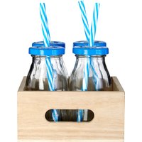 Dayla Set of 4 Milk Bottles with Blue Straws and Lids - Clear, Blue