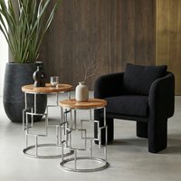 Agra Set Of 2 Mango Wood and Metal Base Nesting Tables - Silver, Brown