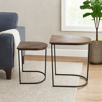 Nest of 2 Metal Wood Chevron Side Coffee Tables Set - Black Brown