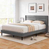 Linen Upholstered Platform Bed - Grey / Double