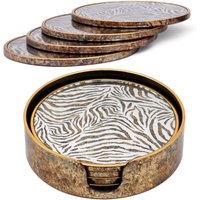 Set of 4 Zebra Print Round Drink Coasters with Holder - Bronze