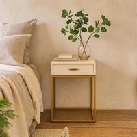Belluno Ivory Shagreen Bedside Table with Antique Brass Frame and Drawer - White
