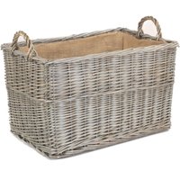Antique Wash Rectangular Hessian Lined Wicker Basket - Brown / 37cm