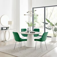 Palma Beige Stone Effect Round Dining Table and 4 Pesaro Silver Chairs - Green