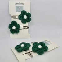 Green White knitted flower Hair Clip Pk2 - Green