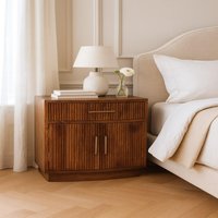 Solid Wood Curved Ribbed Bedside with Drawer - Amber Oak