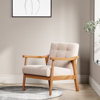 Modern Leisure Solid Wooden Chair - Beige Button Back Velvet & Natural Wood Colour - Single Seat Upholstered Armchair