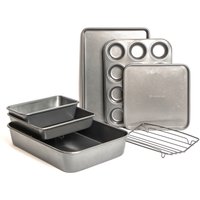 5pc Bakeware Set Roasting Pan, 12 Hole Pan, 2 Pans, Tray, Roasting Rack - Grey