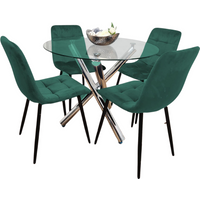 Round Glass Chrome Leg Dining Table and Green Chairs Set - Chrome