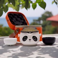 Kung Fu Panda Teapot Set with Two Cups Travel Case Playful Tea Gift - Multi