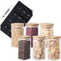 Eden & Willow Set of 6 Square Glass Spice Jars with Bamboo Lids & Labels - Clear / 300ml