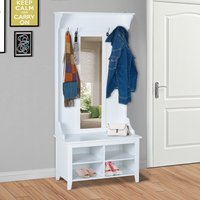 HOMCOM Hallway Furniture Shoe Bench Storage Mirror Coat Rack with 4 Hooks - White