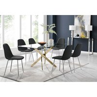 FurnitureboxUK, Leonardo Dining Table With Six Corona Silver Leg Chairs - Black FurnitureboxUK, Leonardo Dining Table With Six Corona Silver Leg Chairs - Black