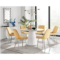 FurnitureboxUK, Palma White Marble Effect Round Dining Table Pesaro Silver Leg Chairs - Mustard / Dining Table & 6 Chairs FurnitureboxUK, Palma White Marble Effect Round Dining Table Pesaro Silver Leg Chairs - Mustard / Dining Table & 6 Chairs