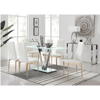 Florini V White Dining Table and 6 Gold Leg Milan Chairs - White