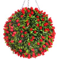 Best Artificial 38cm Red Lush Tulip Hanging Basket Flower Topiary Ball - Red