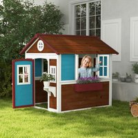 Outsunny Wooden Playhouse for Kids Doors Windows Plant Pots Brown - Brown