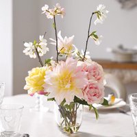Artificial Andre Dahlia and Rose Flower Arrangement in Glass Vase - Multicoloured