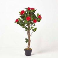 Potted Rose Tree Artificial Plant with lifelike green leaves, 90 cm - Red