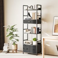 Industrial Bookcase Bookshelf with Shelves Fabric Drawers - Grey
