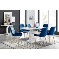 Renato High Gloss Extending Dining Table and 6 Pesaro Gold Leg Chairs - Blue