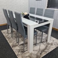 Modern White and Black Wood Dining Table With 6 Grey Faux Leather Metal Chairs - Grey
