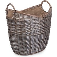 Scoop Neck Antique Wash Hessian Lined Wicker Log Basket - Brown / 37cm