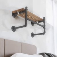 Industrial Pipe Wall-Mounted Floating Shelf With Hanging Rail - Brown
