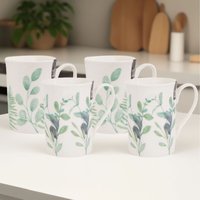 2 Botanical Eucalyptus Mugs Slim 9oz New Bone China Tea Coffee Cup - Cream / 2