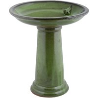 Glazed Ceramic Green Bird Bath On Pedestal - Green