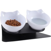 Tilted Cat Feeder with 2 Bowls - Black + White