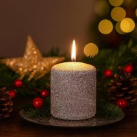 Unscented Small Pillar Candle Silver Glitter - silver