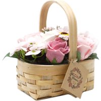 Medium Pink Bouquet in Wicker Basket Flowers Foliage Gift - Pink