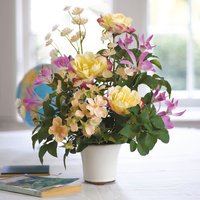 Artificial Pleione Orchid and Rose Flower Arrangement in Vase - Yellow, Pink