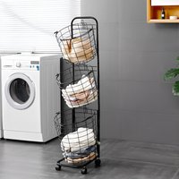 3-Tier Iron Laundry Basket with Wheels - Black