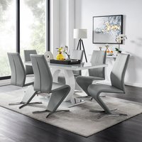 Giovani Grey White Modern Glass Dining Table With Six Willow Chairs Set - Grey