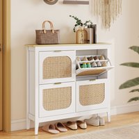 HOMCOM Boho Slim Shoe Cabinet with Rattan Doors, Holds 20 Pairs - White