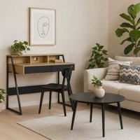 Cyan 1-Drawer Office Desk, Natural Oak-Effect Melamine Top with Black Steel Base - Neutral
