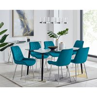 Pisa Black Leg Glass Dining Table with 6 Pesaro Silver Leg Chairs - Blue
