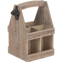 Oak Effect 4 Beer Bottle Carrier with Bottle Opener - Brown