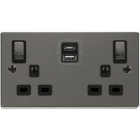 Black Nickel 2 Gang 13A DP Ingot Type A C USB Twin Double Switched Plug Socket - Black Nickel