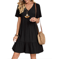 V-neck Solid Colour Loose Fitting Casual Dress - black / 110cm