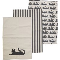 Set Of Three Black Cat Tea Towels - Black