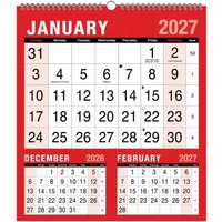 2027 Calendar Spiral Bound Wall Calendar 3 Month to View - Red