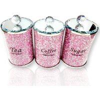 Set of 3 Crushed Crystal Diamond Pink Tea Coffee Sugar Canisters Jars - Pink, Silver