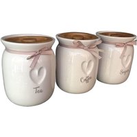 Set of 3 Tea Coffee Sugar Ceramic Canisters - Heart - White